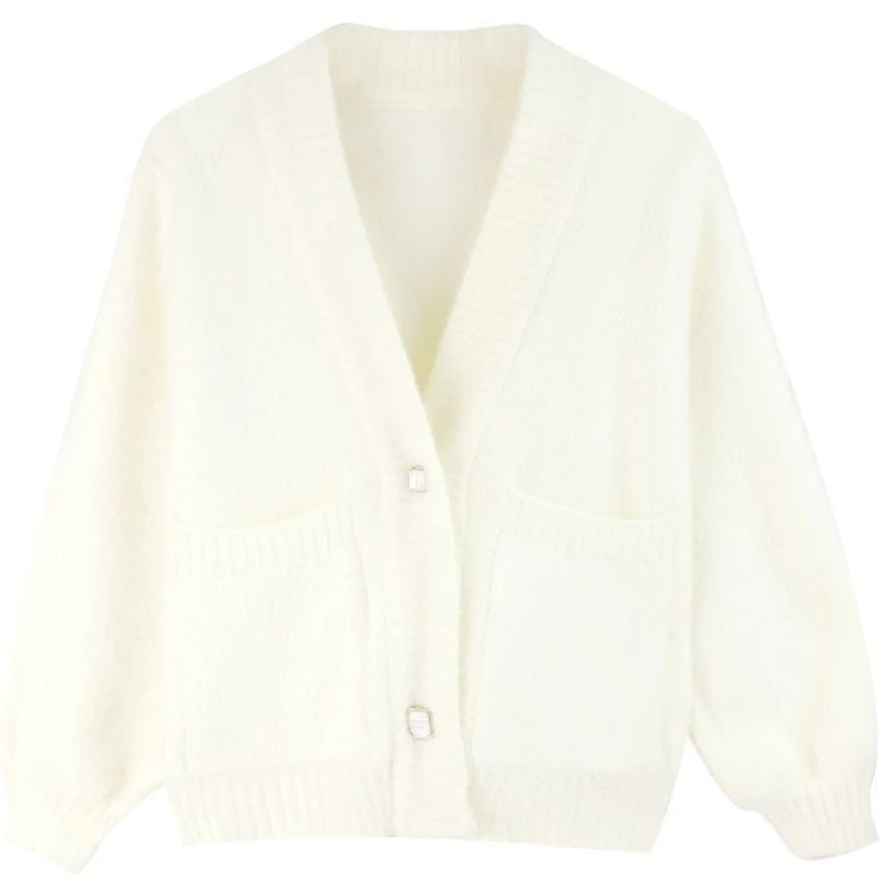 Winter Clothing Offer - レディースセーターカーディガン ホワイト Vネック ニットトップス 女性用 冬