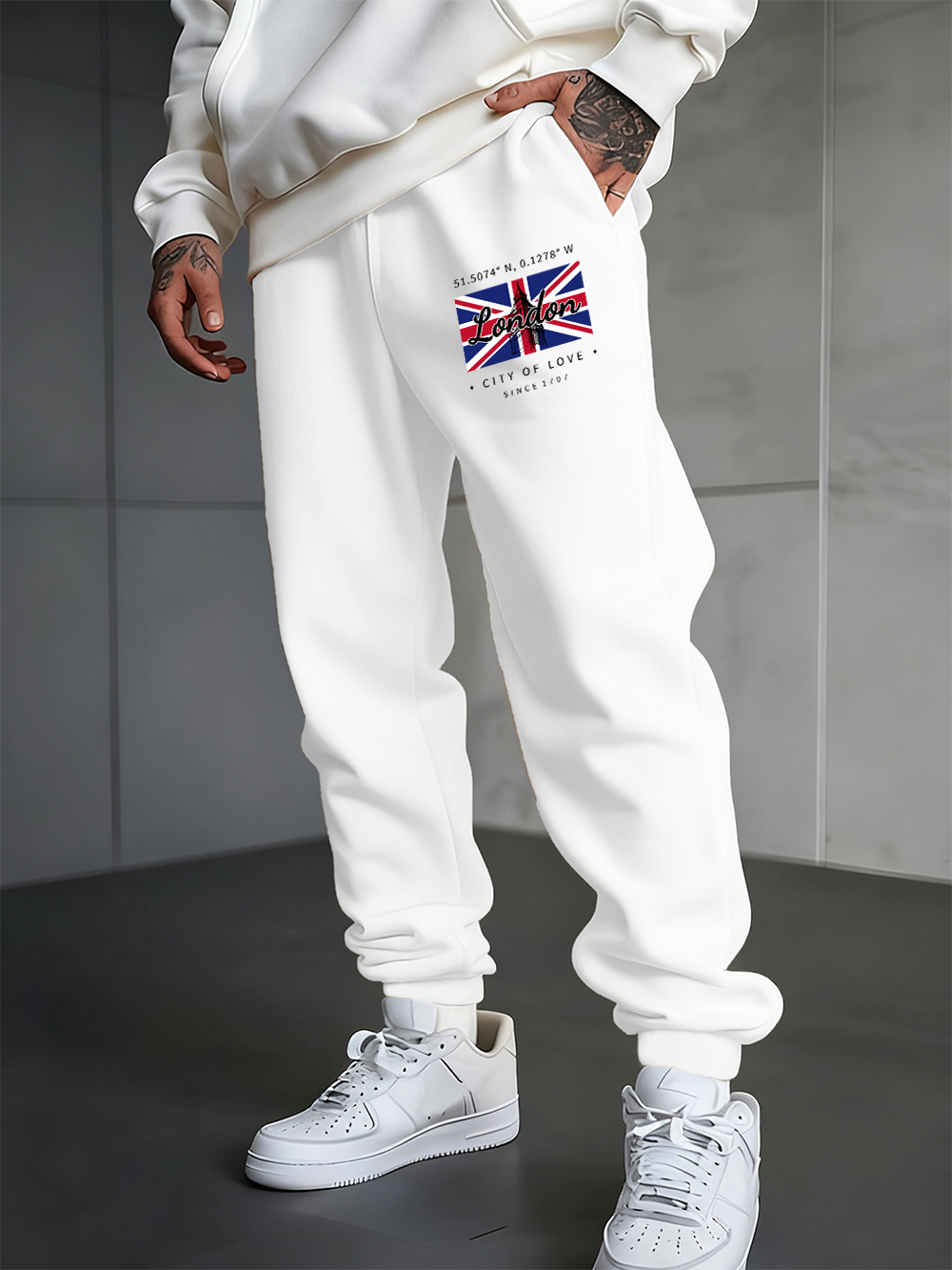 Winter Clothing London - ロンドンシティオブラブフラッグプリントスウェットパンツメンズポケットジョガーパンツ快適なフリースルーズパンツ秋の紳士服