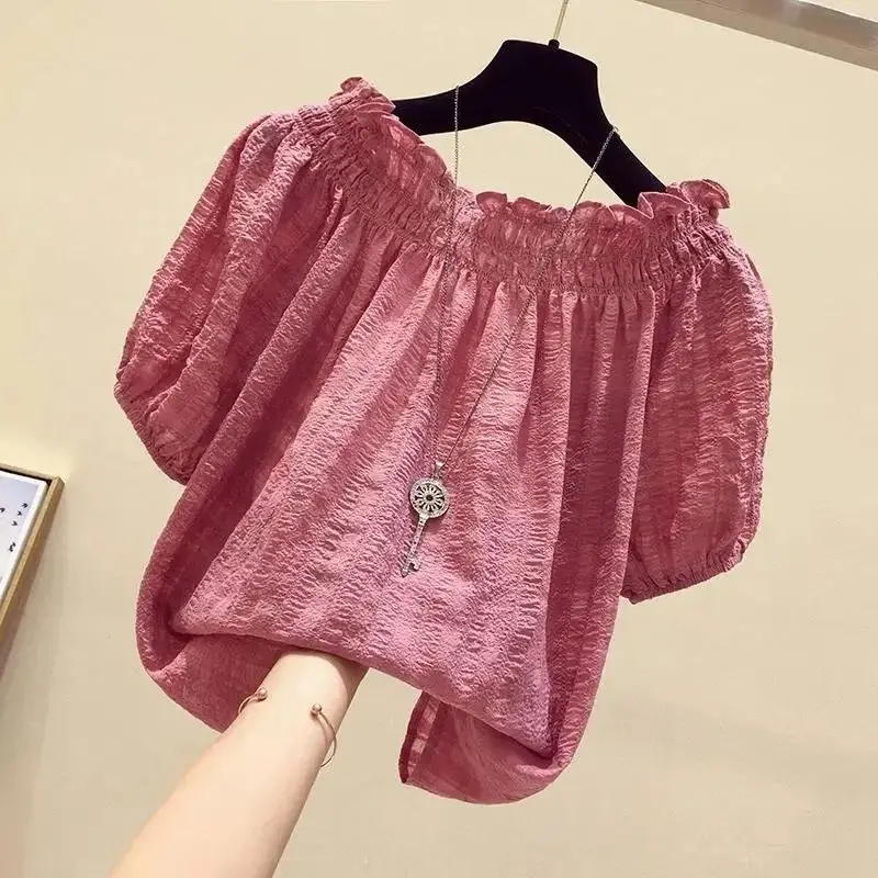 Winter Clothing Line - ローズレッド カジュアル スラッシュネック パフスリーブ シフォン プルオーバー
