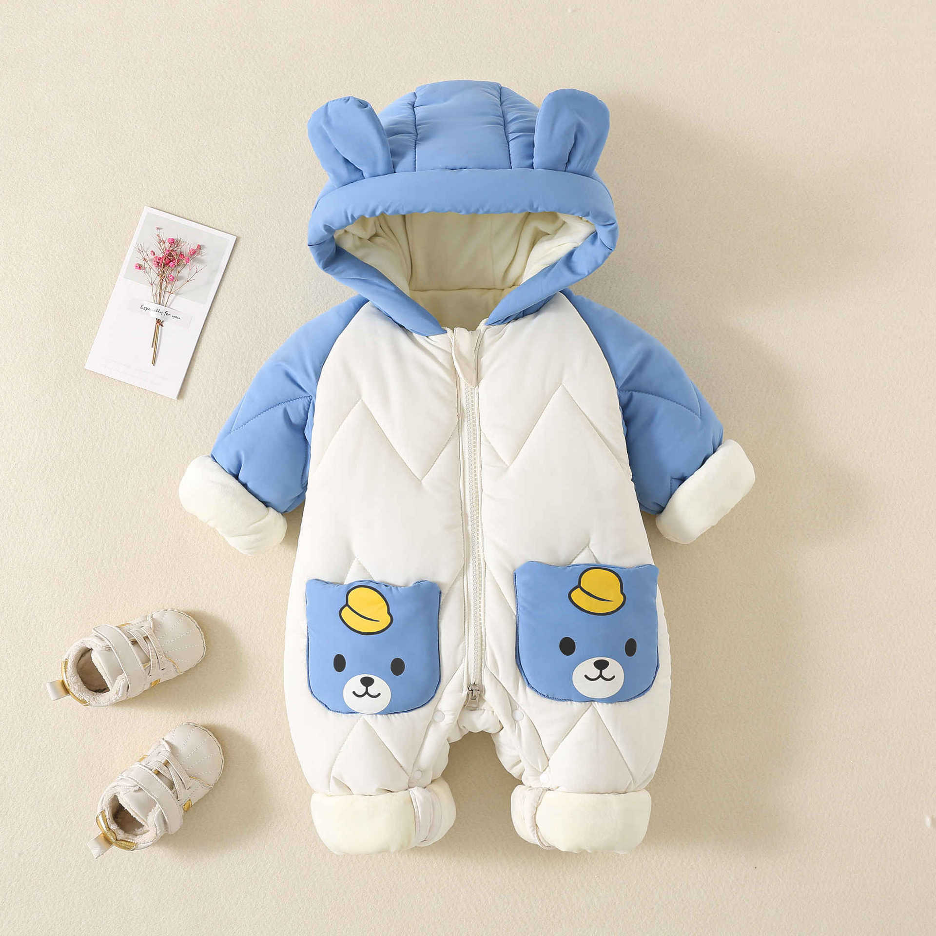 Winter Clothing For Toddlers - 冬用ベビーアウターウェア、ファー裏地付き暖かい幼児用ロンパース、男の子と女の子用、漫画のクマ柄のベビージャンプスーツ