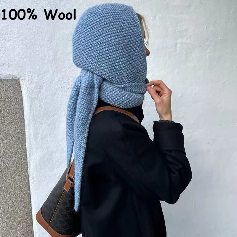 Wool Balaclava Knit - 100%ウール ビッグソフィースカーフ オーバーサイズフード バラクラバ 冬用帽子 耳保護