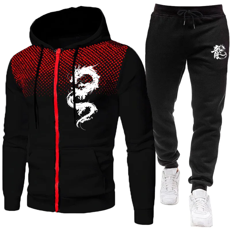 Winter Clothing For Men - メンズパリドラゴン柄ファッションプリントセットアップ ツーピースセット パーカーと暖かいパンツ 冬用シンプルパーカーセット クリアランス メンズ服
