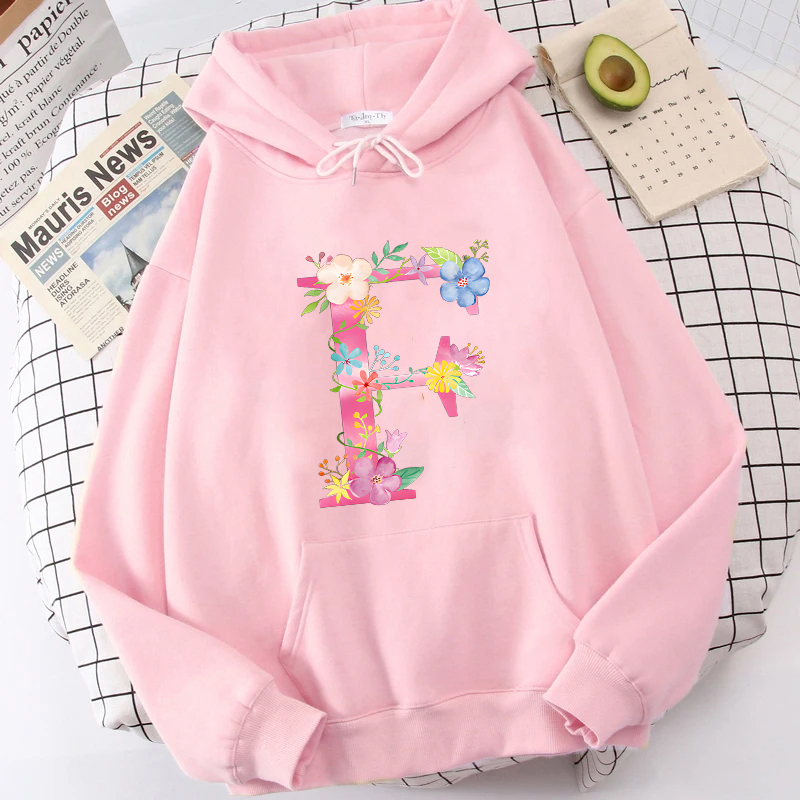 Winter Clothing Essentials For Women - 女性のための文字がプリントされたパーカー,ピンクの花,カジュアルなスウェットシャツ,必須の服,アウターウェア,ファッション,アルファベット26,A-Z