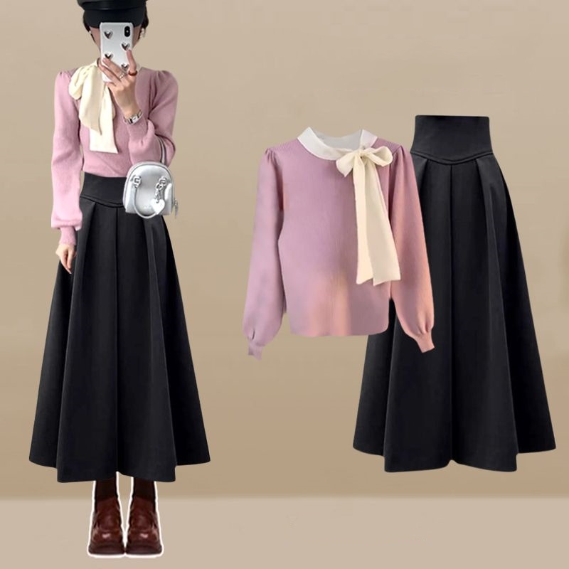 女性のためのエレガントな蝶ネクタイのトップとスカートのセット - Winter Clothing Line のレビューと価格
